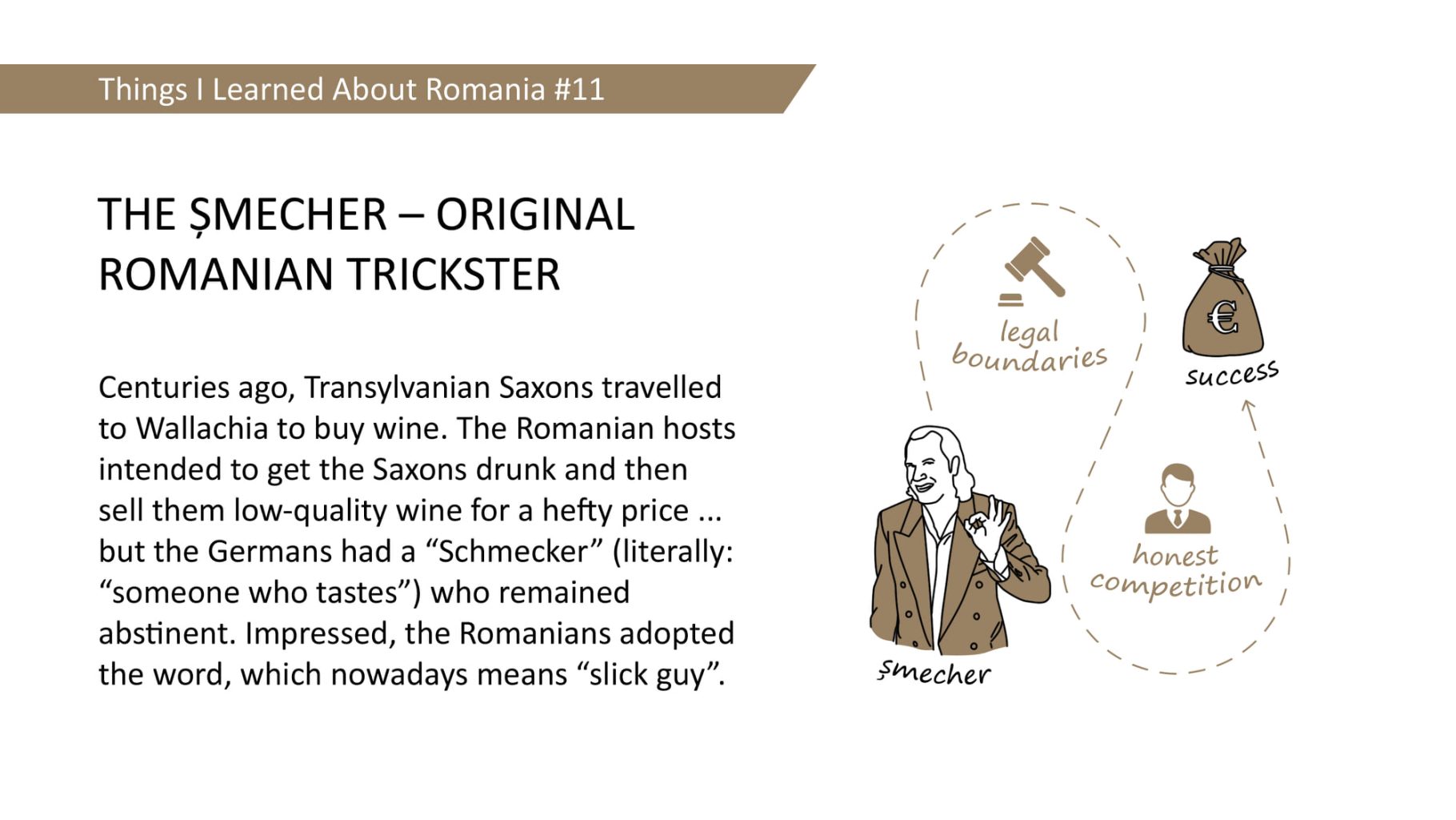 THE SMECHER - ORIGINAL ROMANIAN TRICKSTER: Centuries ago, Transylvanian Saxons travelled to Wallachia to buy wine. The Romanian hosts intended to get the Saxons drunk and then sell them low-quality wine for a hefty price ... but the Germans had a "Schmecker" (literally: "someone who tastes") who remained abstinent. Impressed, the Romanians adopted the word, which nowadays means "slick guy".