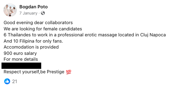 Boddan Poto Facebook Post: Good evening dear collaborators
We are looking for female candidates
6 Thailandes to work in a professional erotic massage located in Cluj Napoca
And 10 Filipina for only fans.
Accomodation is provided
900 euro salary For more details
Respect yourself, be Prestige 100