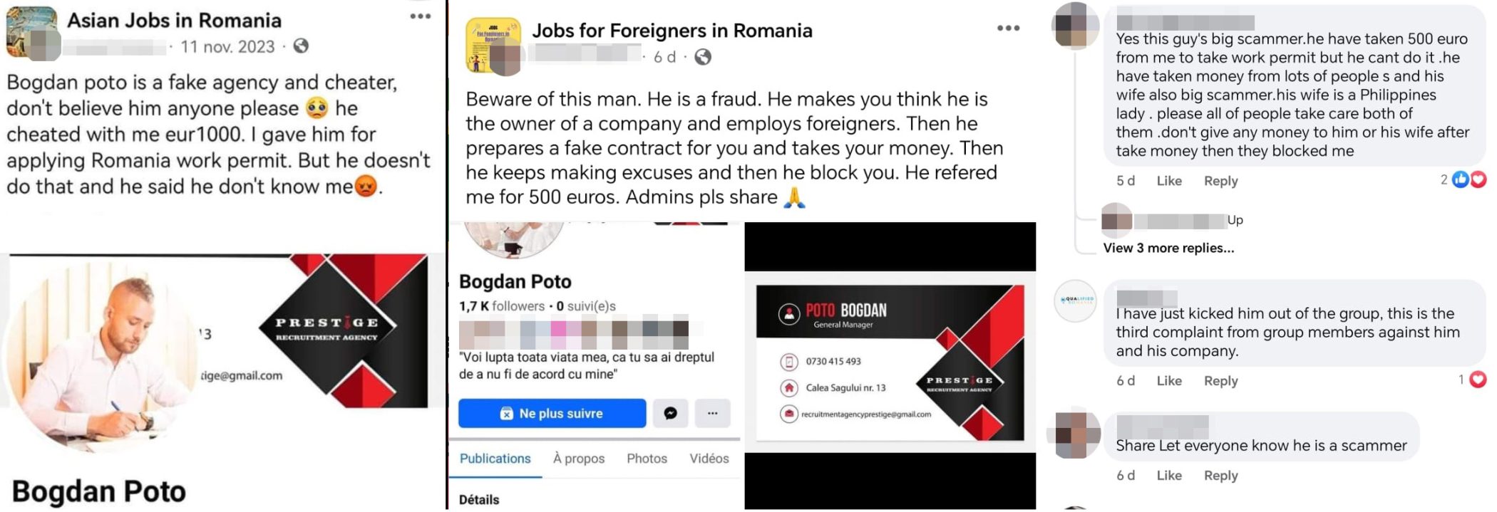 Facebook posts, warning of Bogdan Poto recruitment scam.