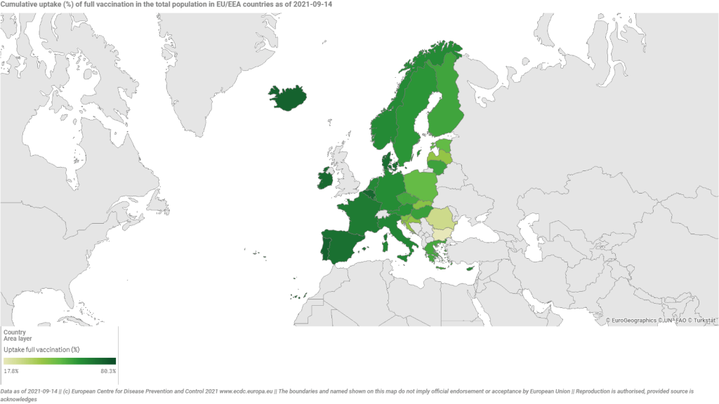 ECDC VaccineTracker_Cumulative uptake (%) of full vaccination in the total population in EU_EEA countries as of 2021-09-14-min