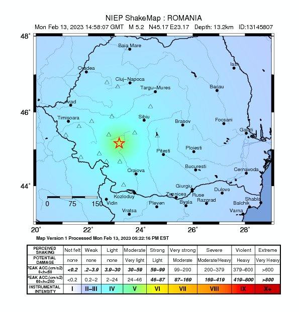 On 13.02.2023, 16:58:07 (Romanian time), a significant earthquake occurred in OLTENIA, GORJ, with a magnitude of ML 5.2, at a depth of 13.2 km