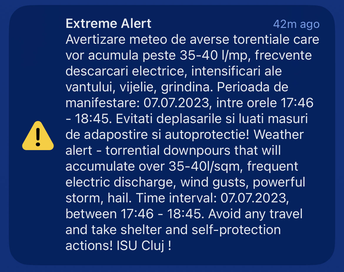 RO-Alert Extreme Alert sent on July 7th, 2023.