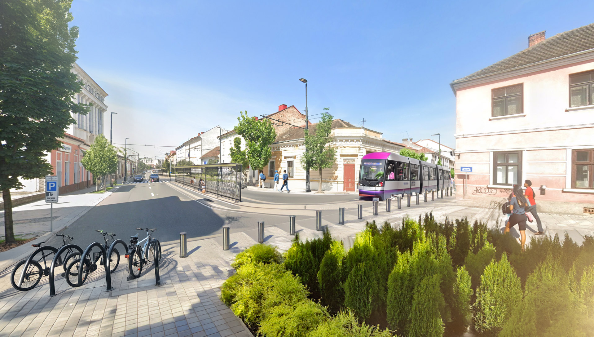 New Tram Station at the start of the pedestrianised area of Calea Motilor, with a new tram route down Strada Vasile Alecsandri New Tram Station at the start of the pedestrianised area of Calea Motilor, with a new tram route down Strada Vasile Alecsandri